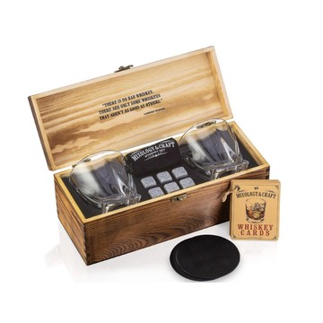 【GOFANA】Whiskey｜Mixology & Craft長型木盒威士忌禮盒12件組 / 玻璃杯x2、冰石x6、冰鉗x1、杯墊x2、卡片食譜卡x1 喬遷之禮 質感禮品 酒品