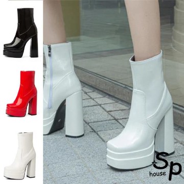 【Sp house】亮眼厚底性感皮革漆面低筒短靴(3色可選)