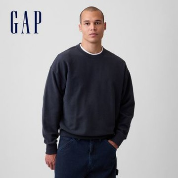 【GAP】寬鬆版毛圈布大學T-無月黑(912700)