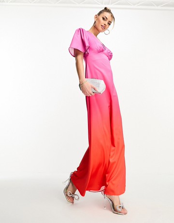 Flounce London flutter sleeve wrap front maxi dress in ombre pink and red-Multi
