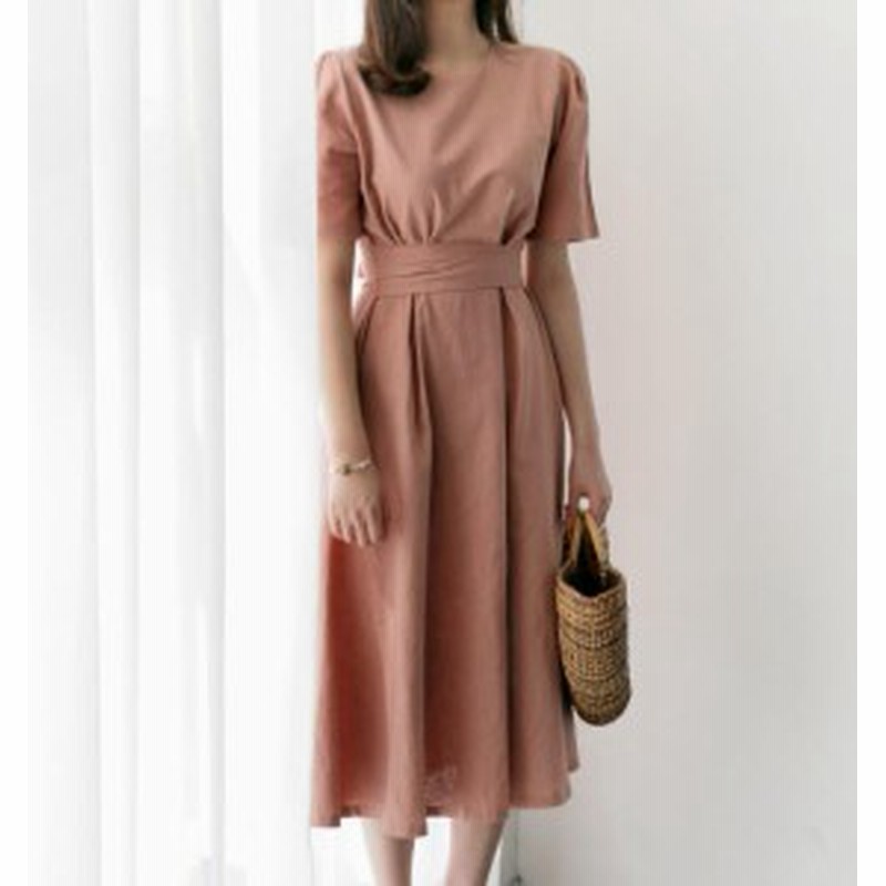 韓国 ファッション レディース リネン ワンピース ロング ハイウエスト リボン フレア オルチャン 半袖 大人可愛い シンプル カジュアル 通販 Lineポイント最大get Lineショッピング