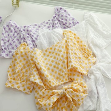 復古刺繡小雛菊短袖上衣女收腰泡泡袖洋氣蝴蝶結系帶露背短款襯衫