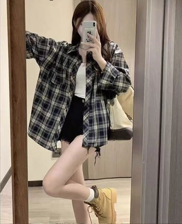 💕甜心大尺碼💕大尺碼襯衫 格紋襯衫 大碼美式格子襯衫女設計感寬松防曬長袖襯衫外套