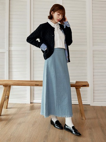 立體格線編織牛仔長裙