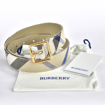 BURBERRY 巴寶莉  經典格紋B 字型扣環女款皮帶-米白/藍
