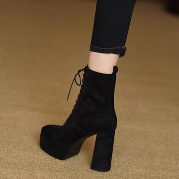 misili真皮厚底粗跟短靴女2024秋冬季新款綁帶超高跟防水臺馬丁靴