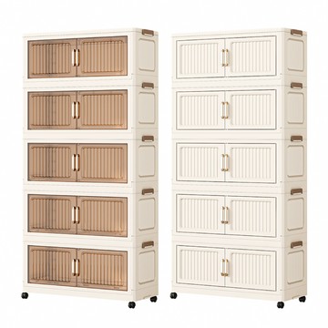 80CM五層多功能摺疊雙開門帶輪收納櫃/置物櫃(抽屜櫃/收納箱/收納架茶色透明