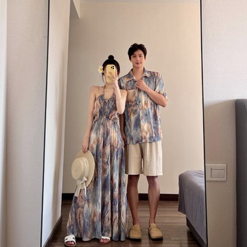 實拍 暈染印花情侶裝 S-3XL 掛脖洋裝 POLO領上衣男 休閒襯衫難 海邊洋裝 度假洋裝 吊帶裙 寬身連衣裙 長裙