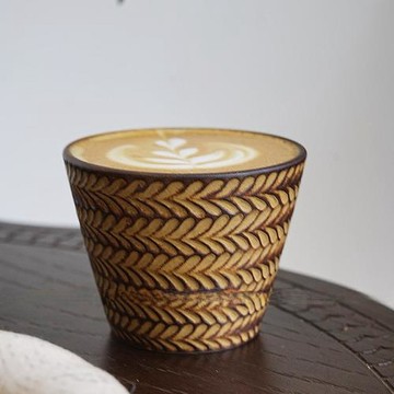 復古窯變釉浮雕麥穗紋陶瓷豬口杯咖啡杯拉花杯茶杯大口徑杯