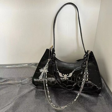 亚文化 暗黑朋克腋下包包女 十字架骷髅单肩包 y2k辣妹链条包包 鳄鱼纹斜挎包 黑色手提包 高級感歐美風包包