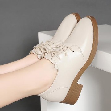 時尚百搭2025秋冬季新款真皮中跟女鞋粗跟防滑百搭系帶深口女單鞋