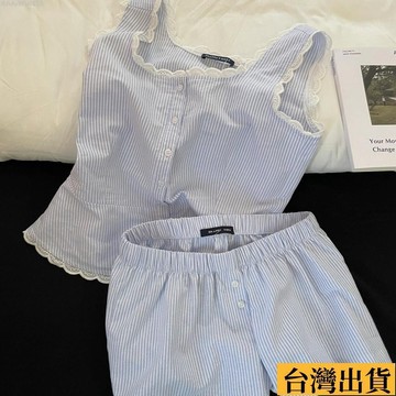 🌈台倉出庫🌈 清新吊帶套裝睡衣 2025新款條紋花邊領背心韓版睡衣女裝秋夏襯衫吊帶短褲家居服套裝