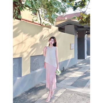 褶皺流蘇半身裙褶皺裙夏季A字裙中長顯瘦百褶裙仙女半身裙包裹裙