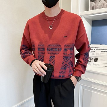 羊毛衫 男士針織衫 保暖毛衣 冬季打底 長袖加厚上衣 新款男毛衣秋冬季紅色針織衫長袖潮寬鬆套頭男士時尚休閒外套