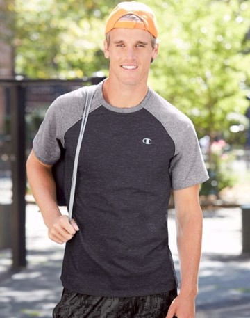 美國百分百【Champion】冠軍 T恤 短袖 T-shirt logo 棒球T 快乾 排汗 拼色 鐵灰 M號 F321