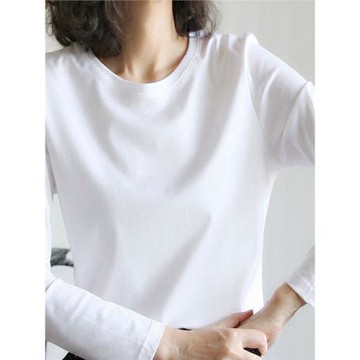 白色絲光棉長袖T恤女修身簡約打底衫純棉百搭純色內搭顯瘦上衣