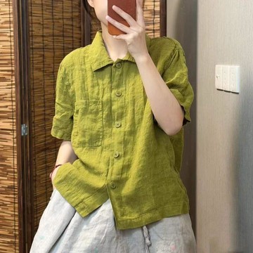 台灣出貨 復古棉麻襯衫女夏季新款純色短袖減齡氣質文藝休閒寬鬆百搭上衣女 短袖襯衫 襯衫 襯衣 漂亮小衫 小個子上衣