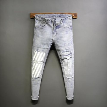 網紅同款補丁破洞九分牛仔褲男潮牌修身彈力小腳韓版潮流百搭褲子