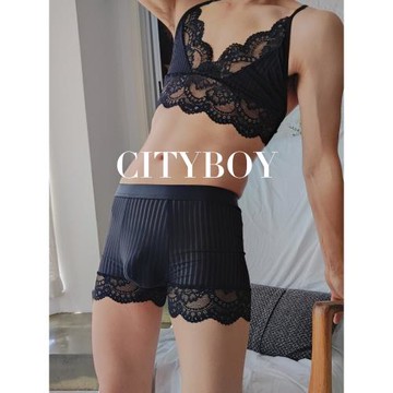 男士性感蕾絲平角內褲文胸套裝男娘變裝偽娘小受絲滑內搭睡衣套裝