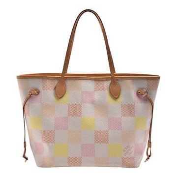 LV N40668 經典Neverfull MM系列棋盤格帆布手提/肩背托特包(粉橘淡黃)