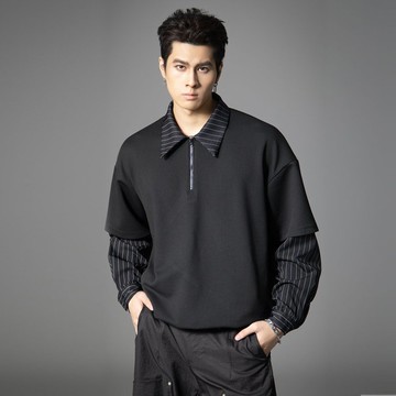秋季襯衫領拼接條紋衛衣  男士假兩件休閑上衣