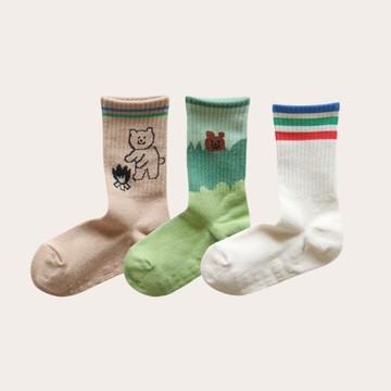 韓國 Kokacharm 童襪14-18cm適用-山系露營小熊3入組