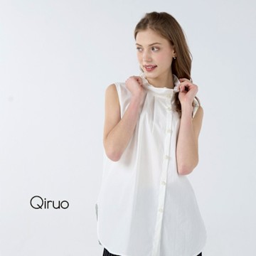 Qiruo 奇若春夏專櫃白色背心上衣7062D 小荷葉 立領設計