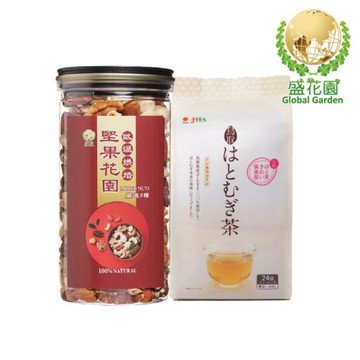 盛花園 日本鳥取縣薏仁茶包24入+堅果花園五寶經典罐1入雙享組(薏仁茶包24入/袋、經典罐360g/罐)