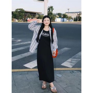 大碼胖mm美式寬松藍格紋防曬襯衫+鹽系字母印花顯瘦連衣裙兩件套