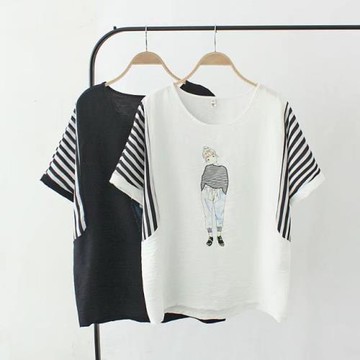 麗莎熊 LisaBear 大尺碼夏季女孩印花天絲棉麻舒適寬鬆短袖Ｔ恤上衣 XL~3XL 兩色可選