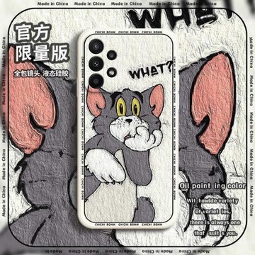 三星A23油畫手機殼三星A32 5G軟湯姆貓春節兔年新年紅色液態硅膠套全包男女直角邊