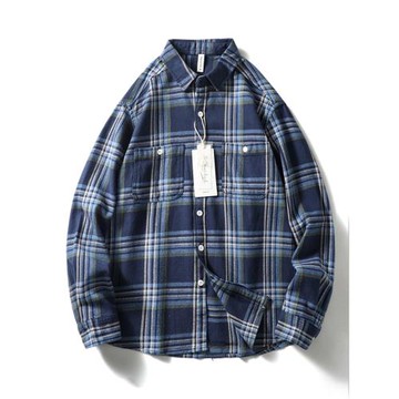 美式復古純棉磨毛經典格子襯衫外套男款長袖外貿男裝全棉工裝襯衣