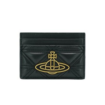 Vivienne Westwood 絎縫皮革金土星logo四卡卡夾(黑)