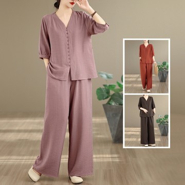 ＊ORead＊復古棉麻套裝上衣+闊腿褲兩件套(3色L~3XL)
