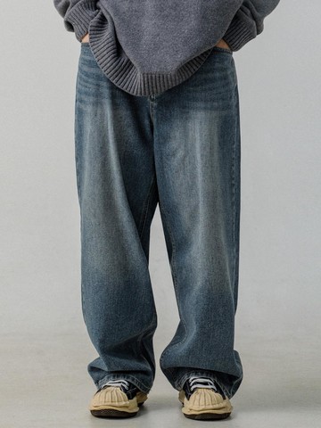 Autumn cat washed wide denim pants blue