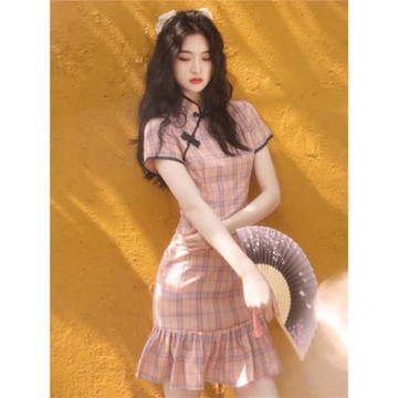 魚尾旗袍改良版短款格子修身小個子日常可穿2025年新款少女年輕款