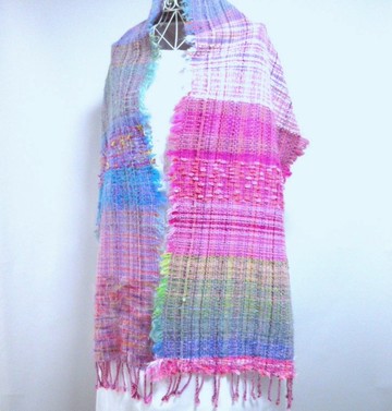 手織．羊毛長披肩．花之雲