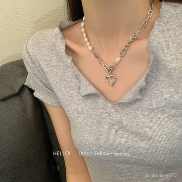 ♡ 𝑪𝒉𝒊𝒄 𝒖 ♡不對稱愛心珍珠拚接項鏈女小衆設計感高級鎖骨鏈輕奢精緻甜酷配飾