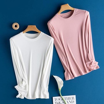 超柔含桑蠶絲 純色打底衫圓領V領簡約薄款上衣羅紋針織長袖T恤女