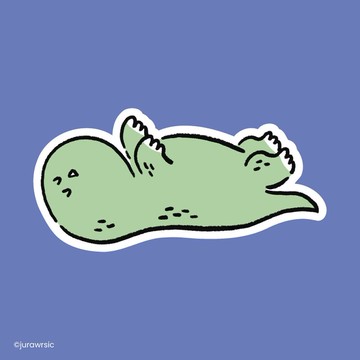 Jurawrsic 霧面 PVC 防水貼紙，恐龍仰臥睡覺造型。