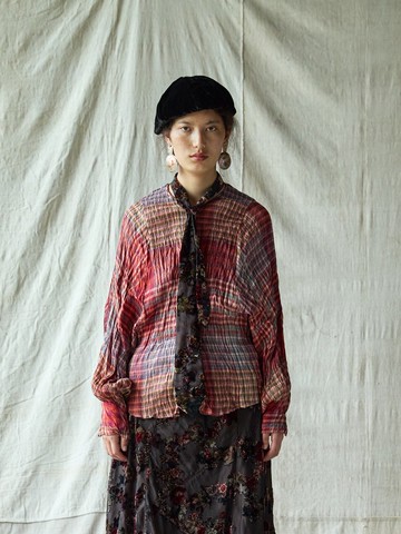 法式復古 絲麻提花格子襯衫 休閒襯衣