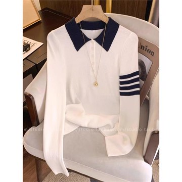 學院風撞色Polo領長袖針織衫女2025秋季新款白色修身氣質內搭上衣