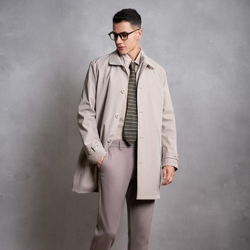 防潑水斜紋襯衫領風衣(內含可拆式蓄熱棉背心)/沙色(身長-34＂) | 5819211812