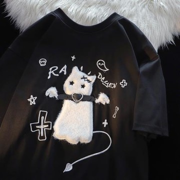 美式復古項圈貓咪植絨短袖T恤女夏季潮牌甜酷亞文化寬松小眾上衣