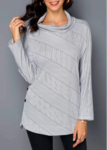 Long Sleeve Striped Cowl Neck T Shirt