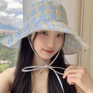 趙露思同款遮陽帽女2024新款防紫外線大帽檐格子漁夫帽戶外防曬帽
