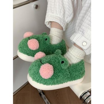 可愛青蛙全包跟棉拖鞋冬季女士居家防滑保暖地板月子軟底鞋毛毛鞋