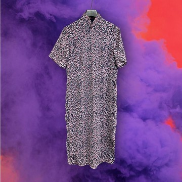 二手 深藍紫配色 印花 輕薄飄逸 古董訂製 短袖 旗袍 PF1130