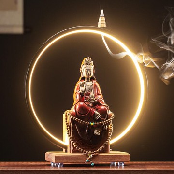 快速出貨 48h出貨丶觀音佛像白陶瓷木雕底座新中式客廳玄關禪意倒流香供奉裝飾品擺件