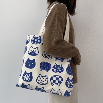原創秋冬帆布包女單肩日系可愛貓咪百搭ins大容量學生旅行上課袋